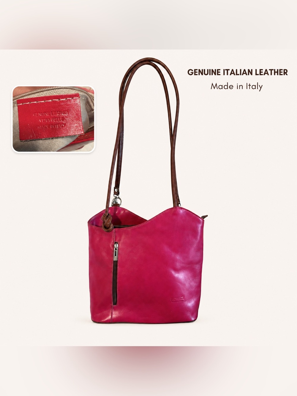 Florence Made in Italy Fuchsia Leather Convertible Tote Backpack Purse